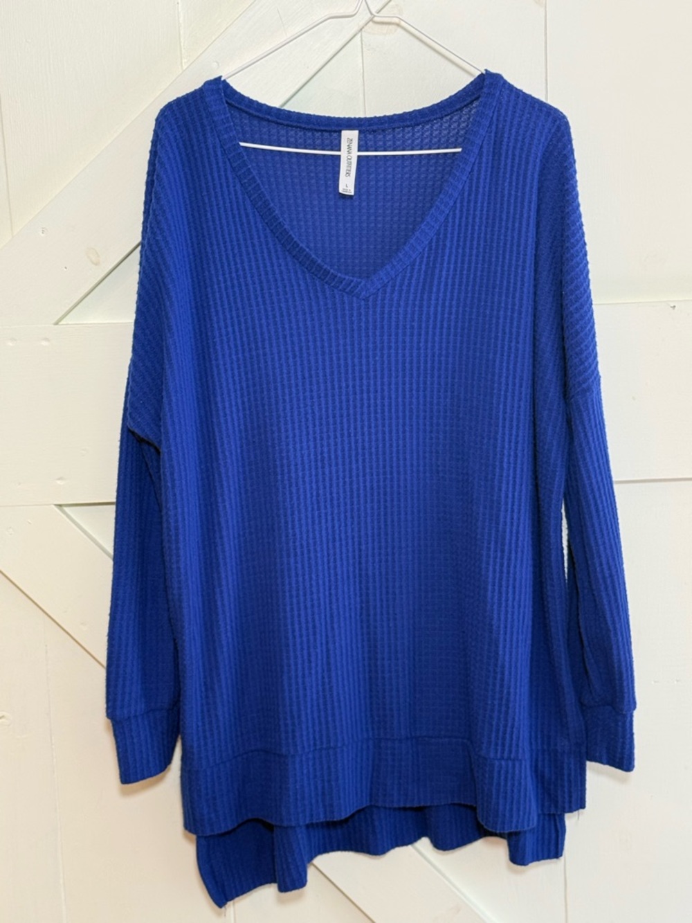 Zenana Outfitters Blue Waffle Knit V Neck Tunic Top Size Large